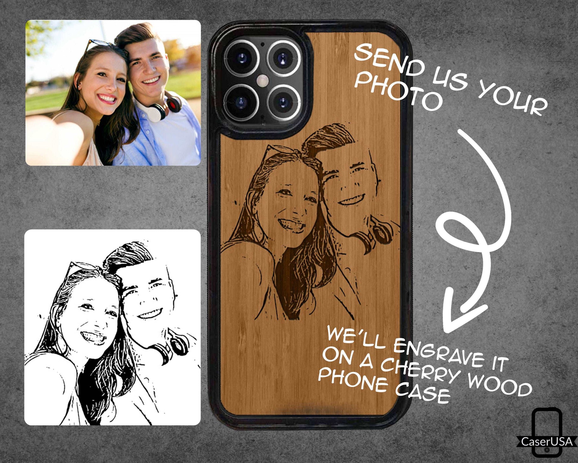 a wooden phone case with a picture of two people