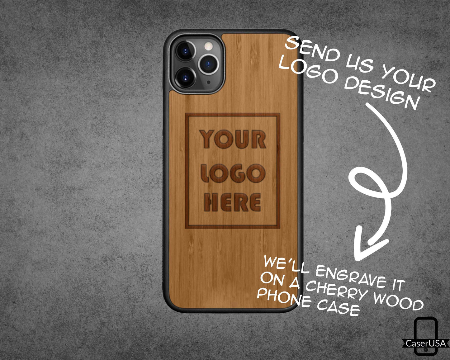 a wooden phone case with the words your logo here