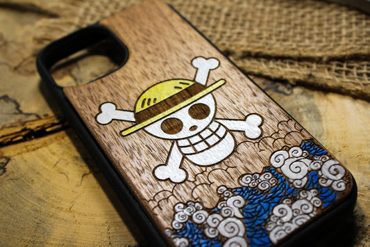 One piece wave handpainted wood phone case pirate anime, monkey d. luffy, zoro, and, anime manga