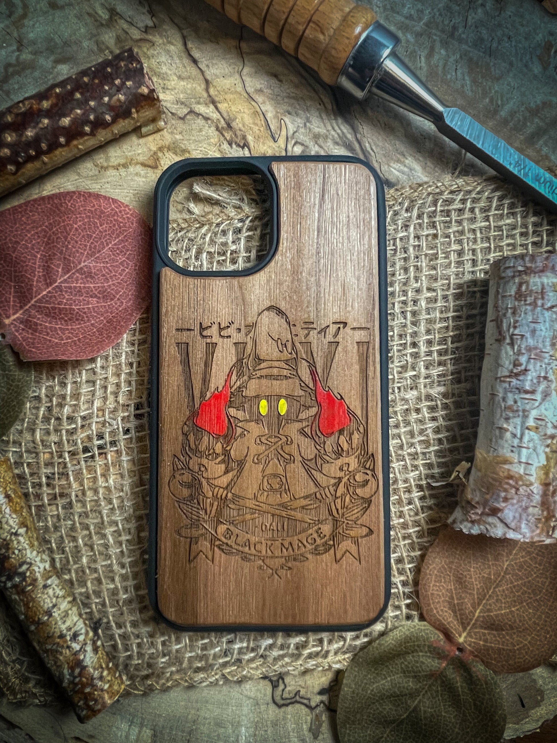 a wooden phone case with a picture of a person on it