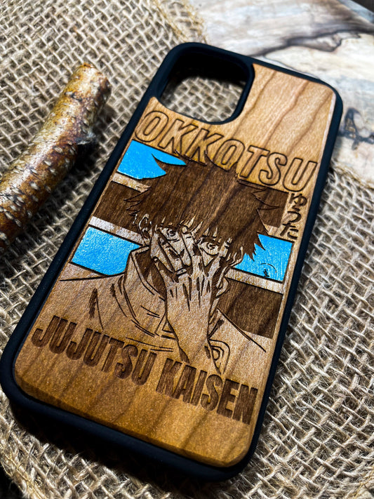 a wooden phone case with a picture of a person holding a knife