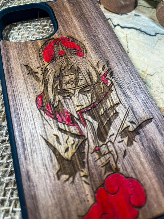 a wooden phone case with a picture of a pirate on it