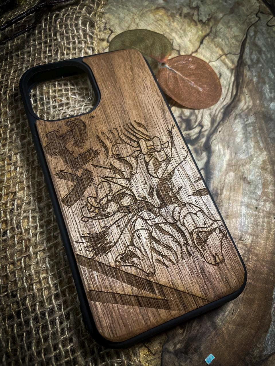 a wooden phone case with a picture of flowers on it