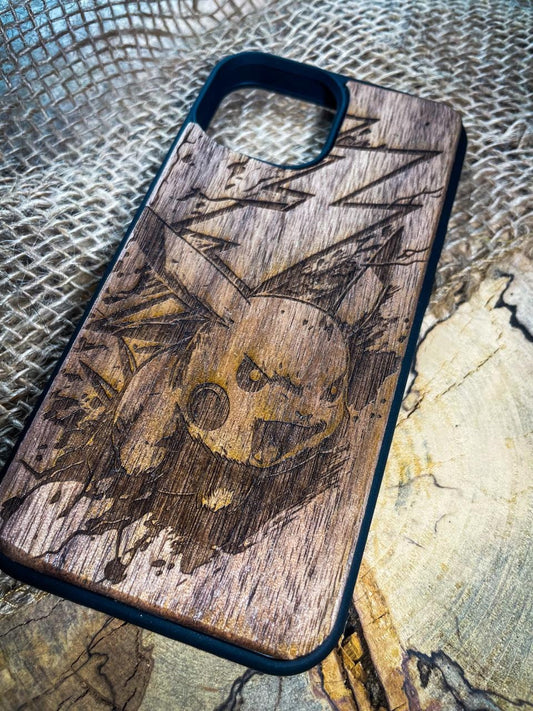 a wooden phone case with a picture of a skull on it